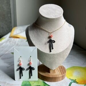 Cottagecore Black Bow Pink Rose Charming Novelty Dainty Floral Fun Jewelry Set